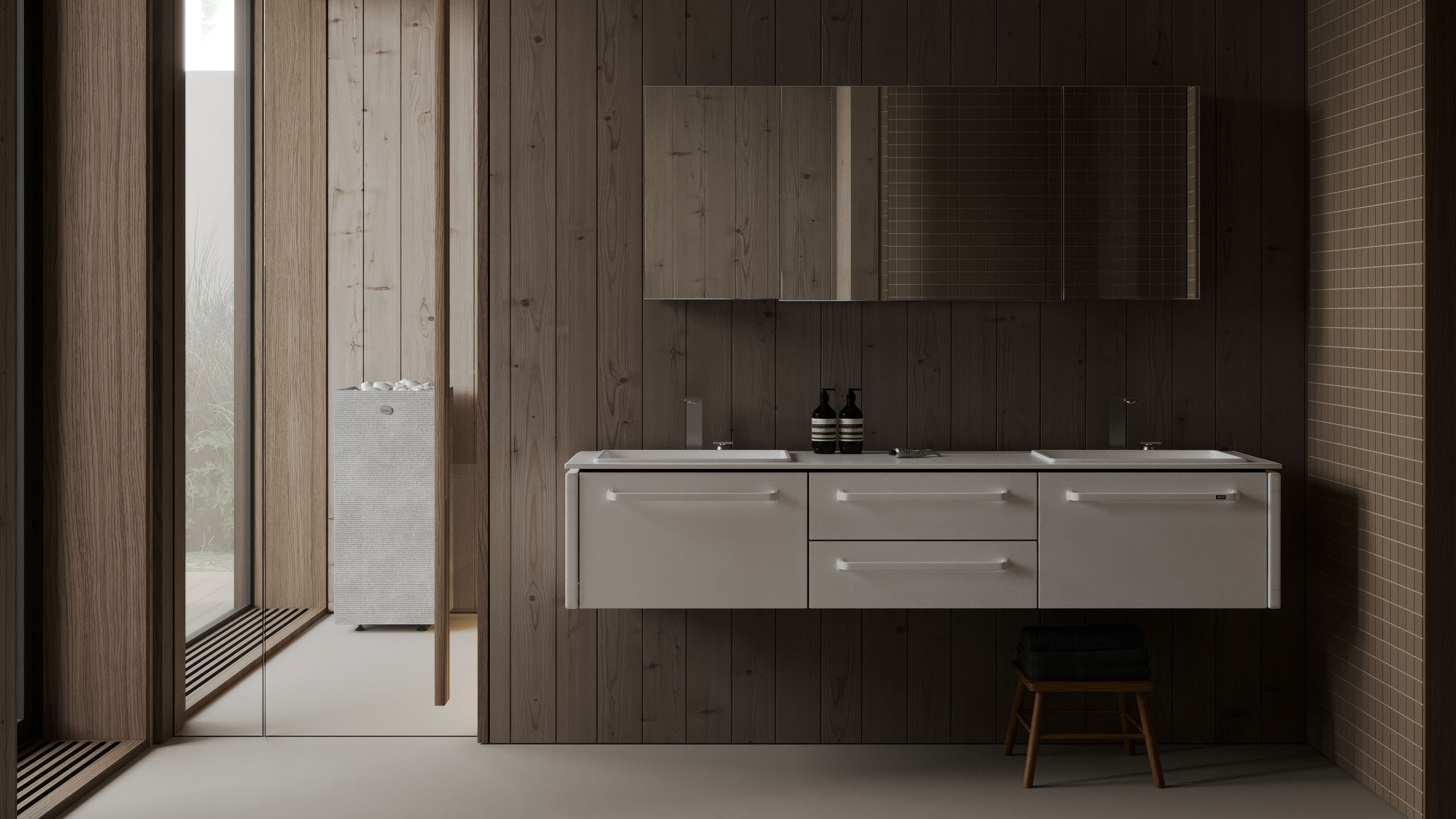 Graphic depicting a hexagonal cropped photo of an interior room design with grid lines along its borders.