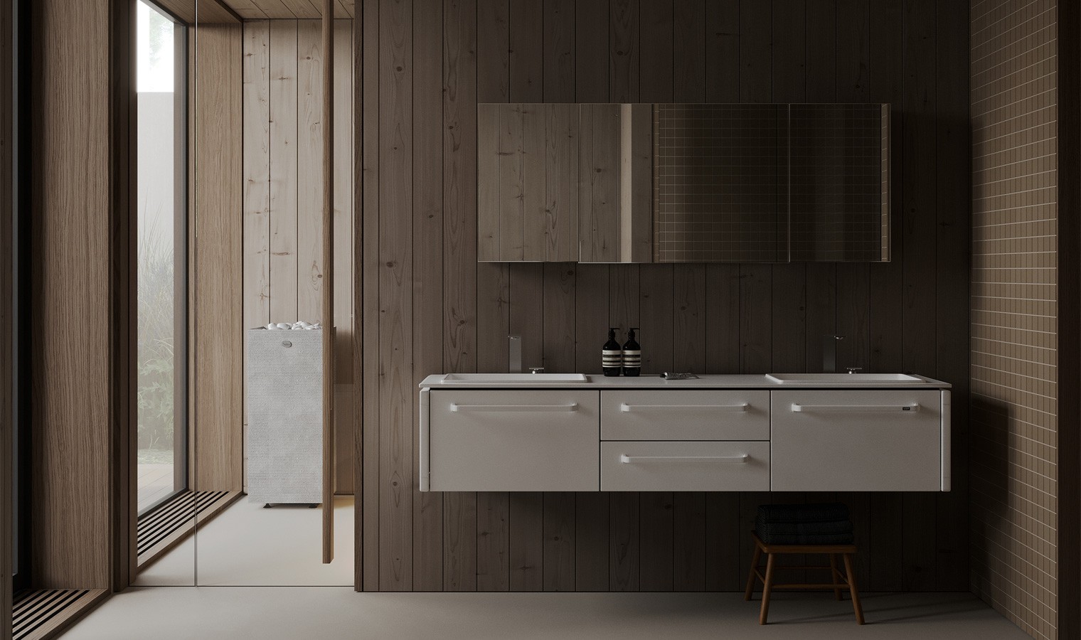 Graphic depicting a hexagonal cropped photo of an interior room design with grid lines along its borders.